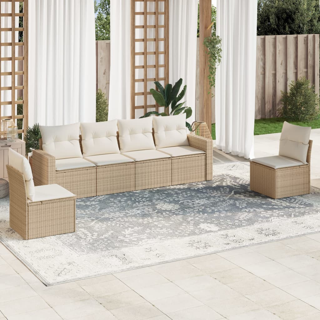 vidaXL 6-tlg. Garten-Sofagarnitur mit Kissen Beige Poly Rattan