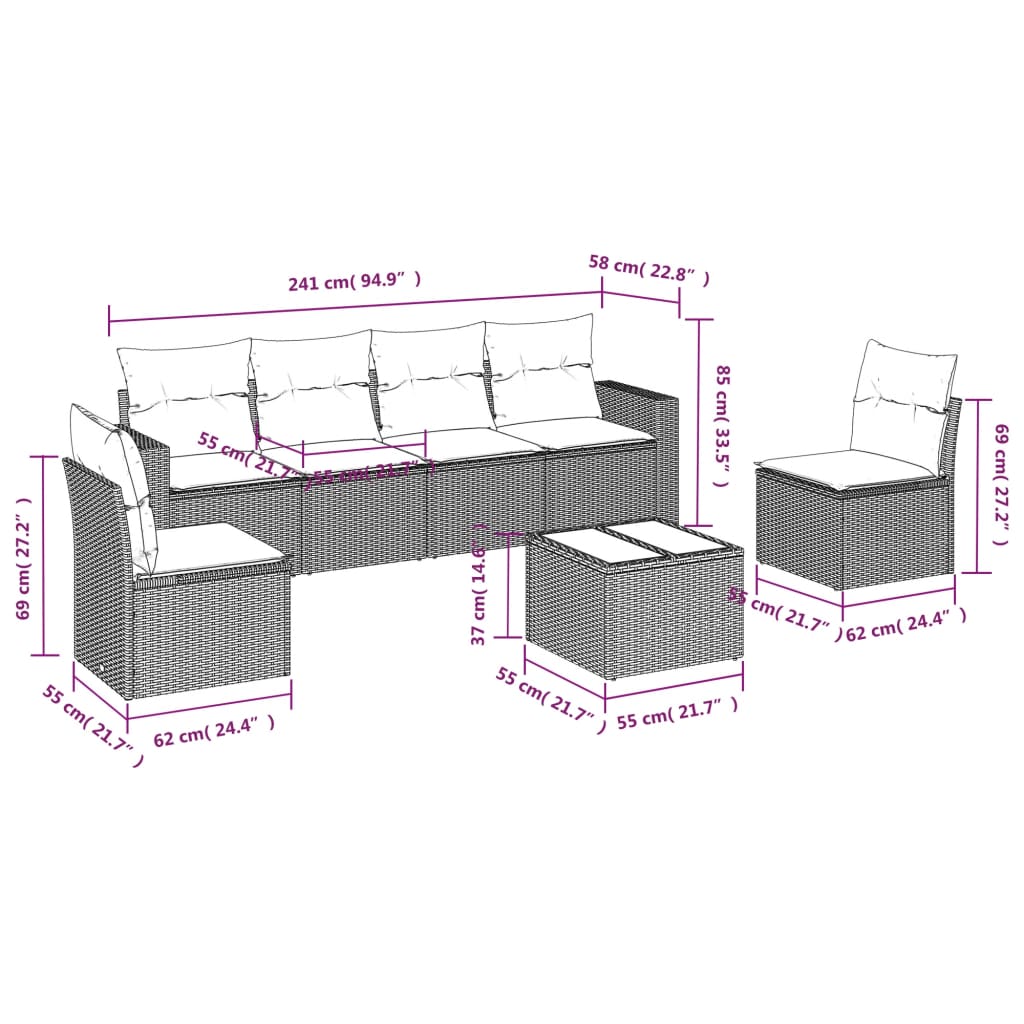 vidaXL 7-delige Loungeset met kussens poly rattan zwart afbeelding
