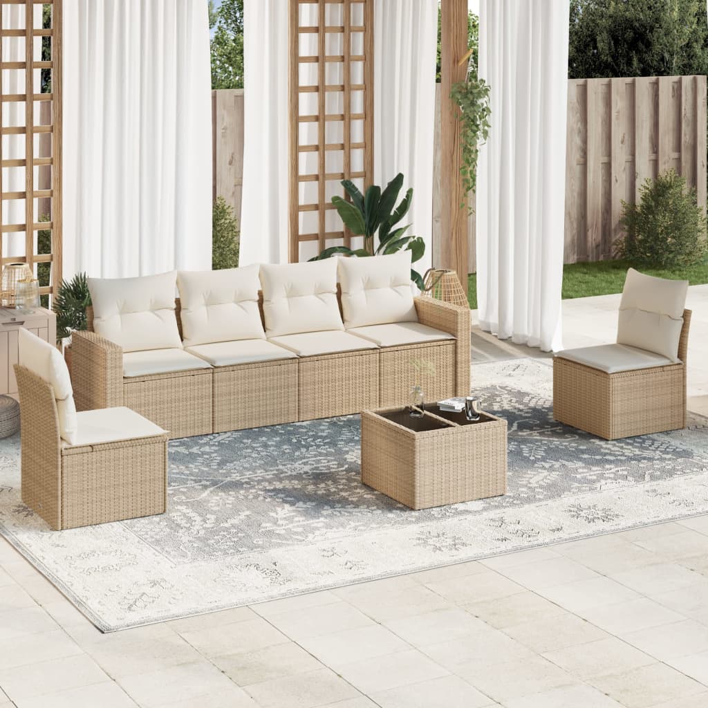 vidaXL 7-tlg. Garten-Sofagarnitur mit Kissen Beige Poly Rattan