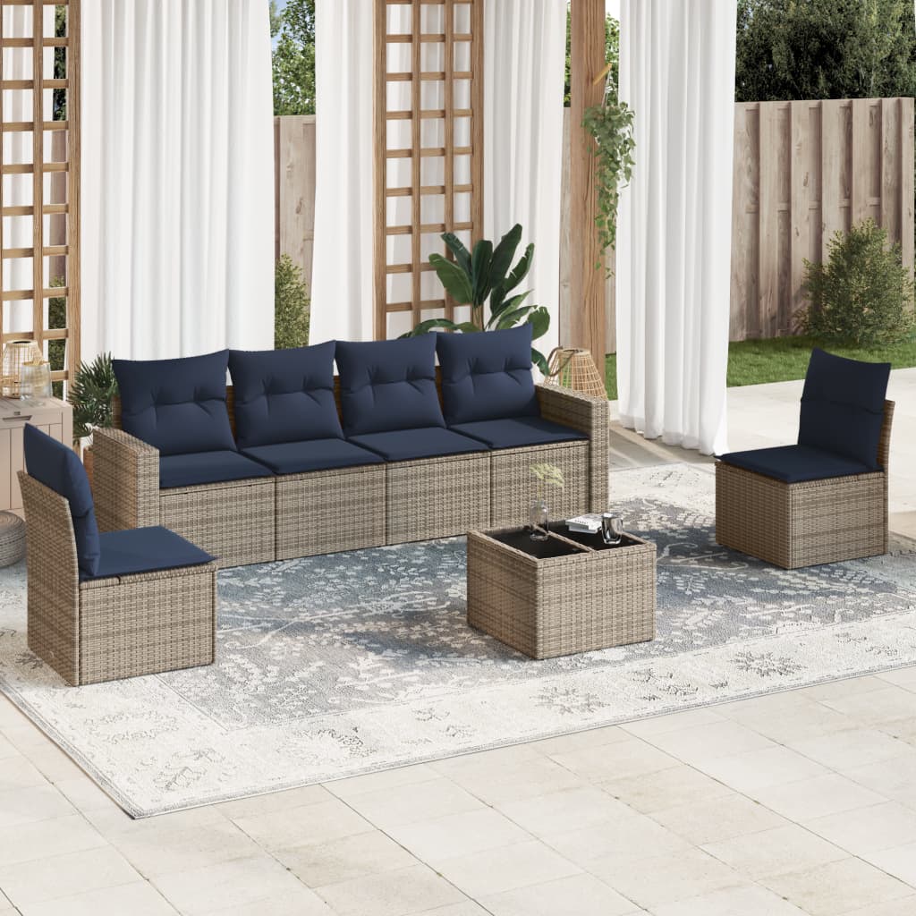 7 Piece Patio Sofa Set with Cushions Gray Poly Rattan