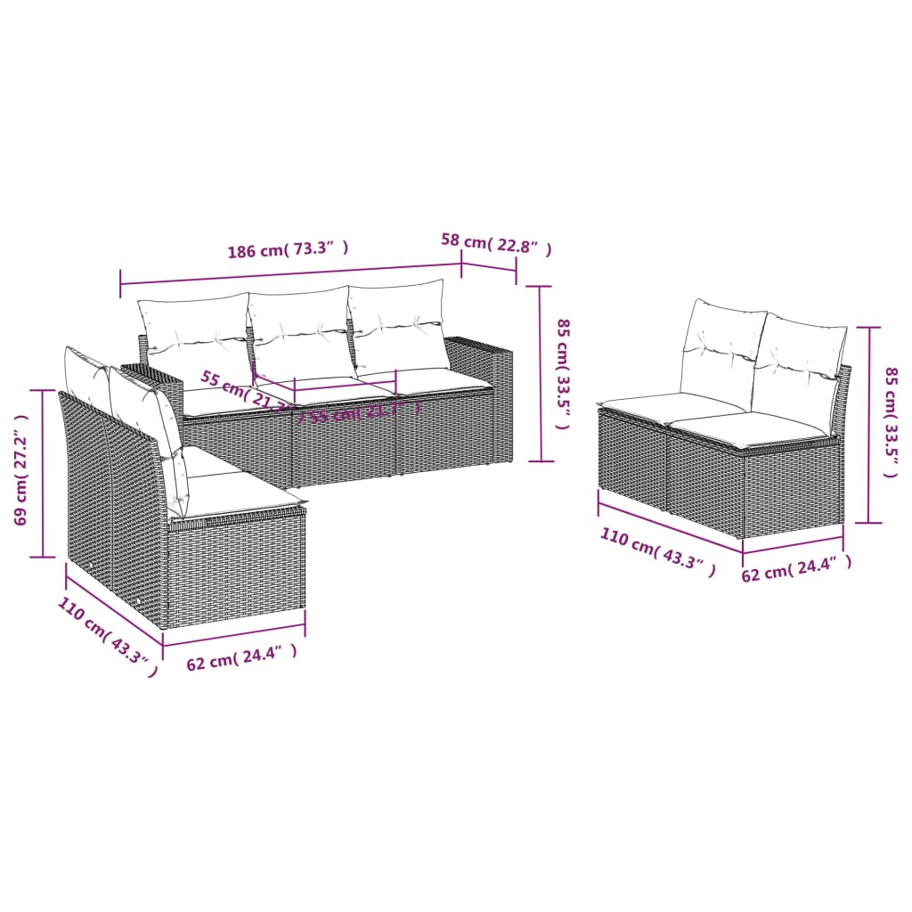 Thumbnail - vidaXL 7-tlg. Garten-Sofagarnitur mit Kissen Schwarz Poly Rattan