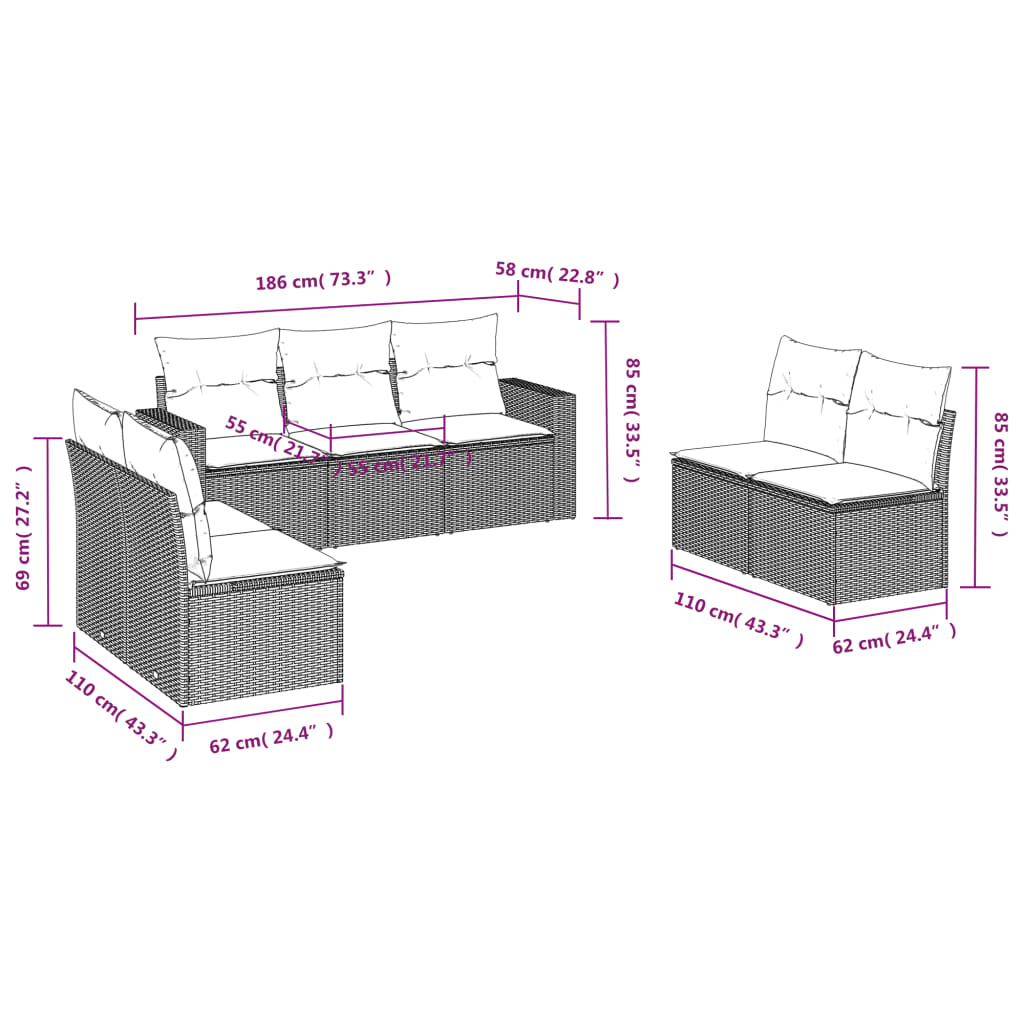 vidaXL 7-delige Loungeset met kussens poly rattan beige