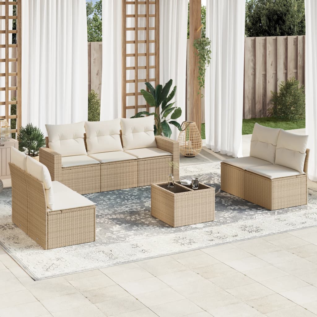 vidaXL 8-tlg. Garten-Sofagarnitur mit Kissen Beige Poly Rattan