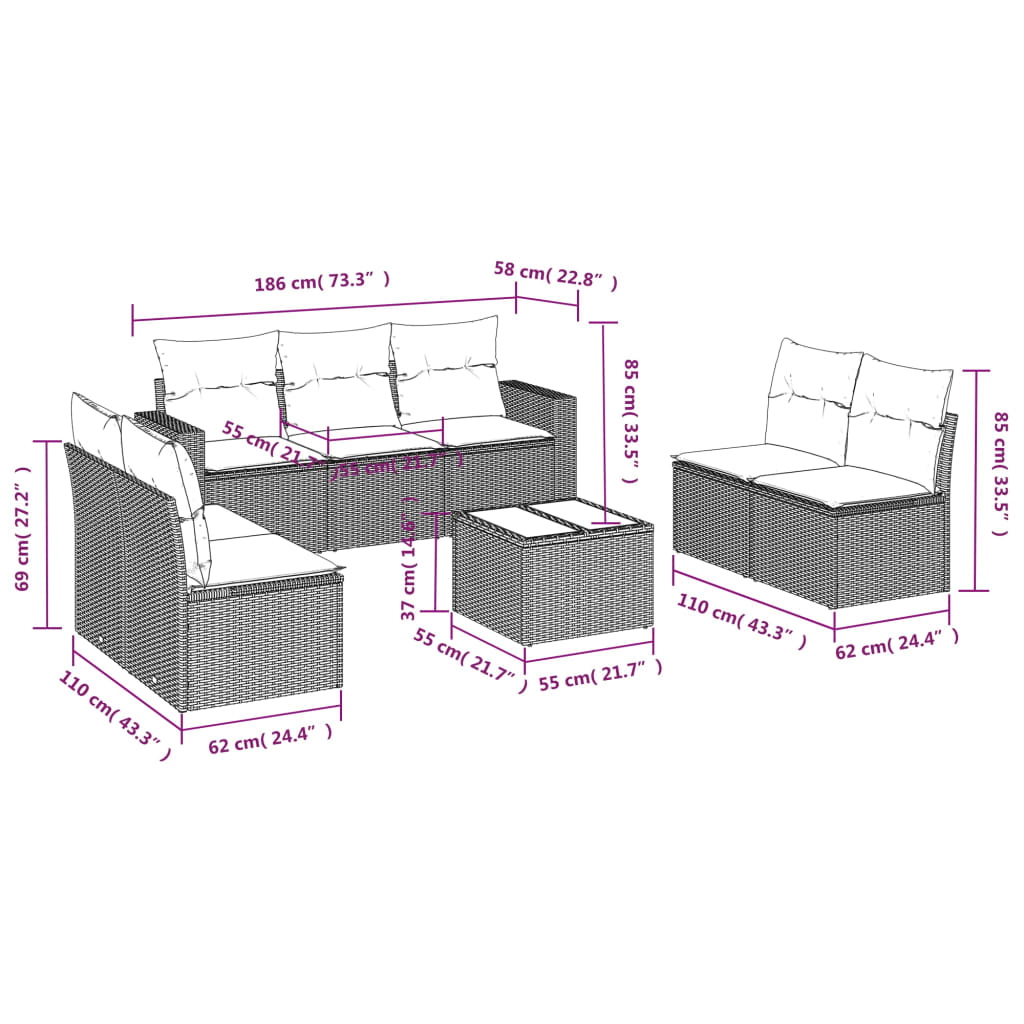 Thumbnail - vidaXL 8-tlg. Garten-Sofagarnitur mit Kissen Beige Poly Rattan