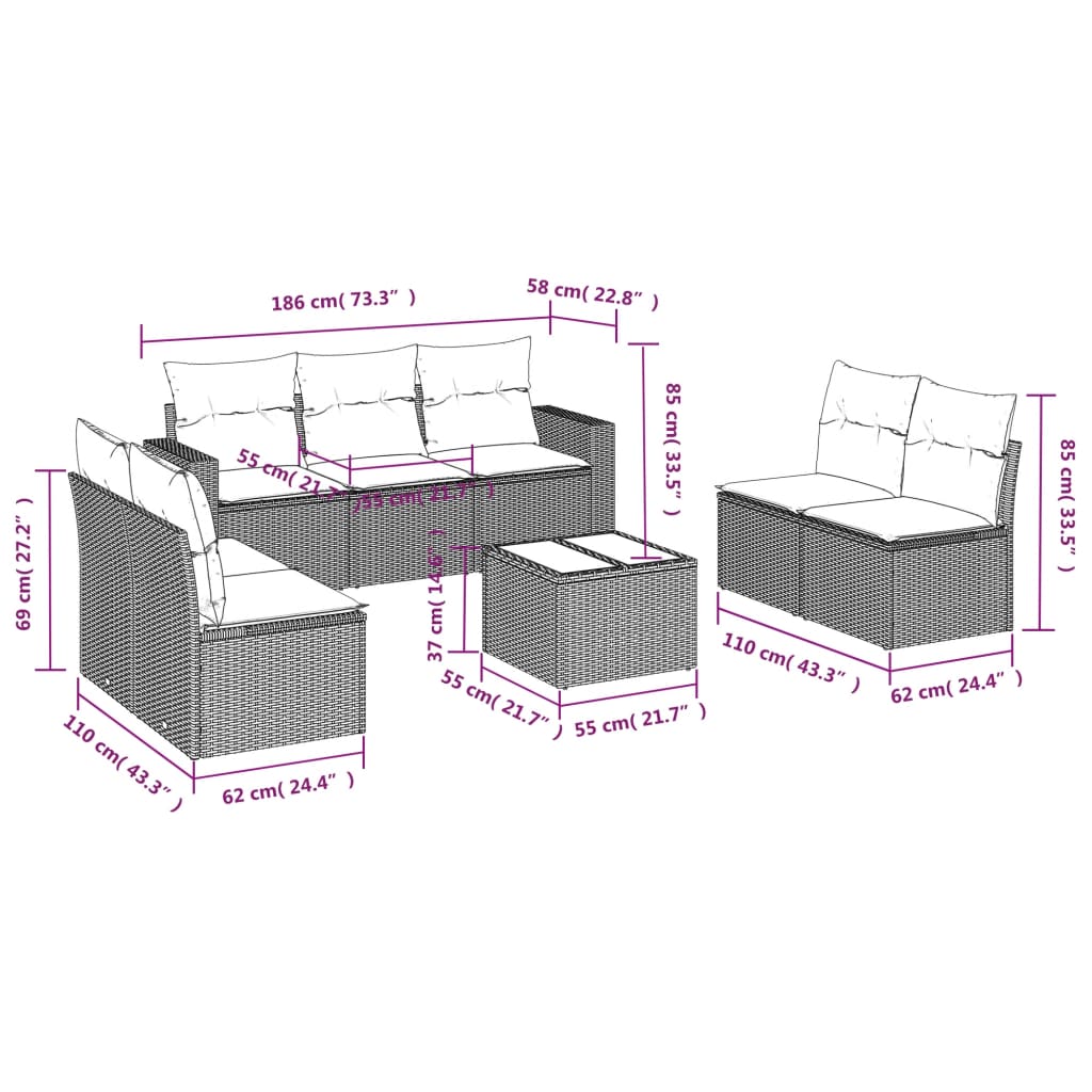 vidaXL 8-delige Loungeset met kussens poly rattan lichtgrijs afbeelding
