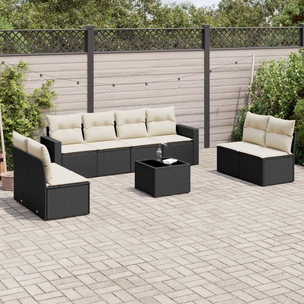 vidaXL 9-tlg. Garten-Sofagarnitur mit Kissen Schwarz Poly Rattan