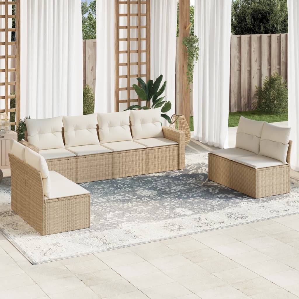 vidaXL 9-tlg. Garten-Sofagarnitur mit Kissen Beige Poly Rattan