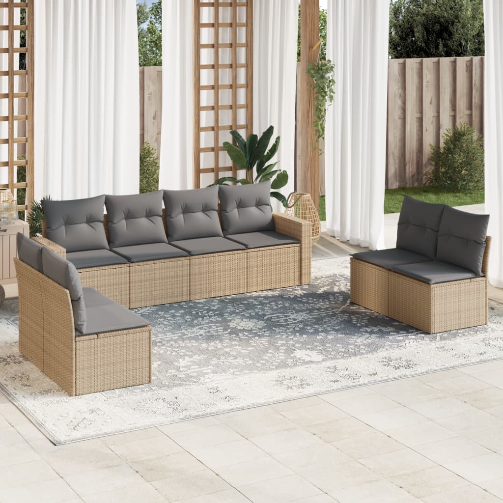 vidaXL 9-tlg. Garten-Sofagarnitur mit Kissen Beige Poly Rattan