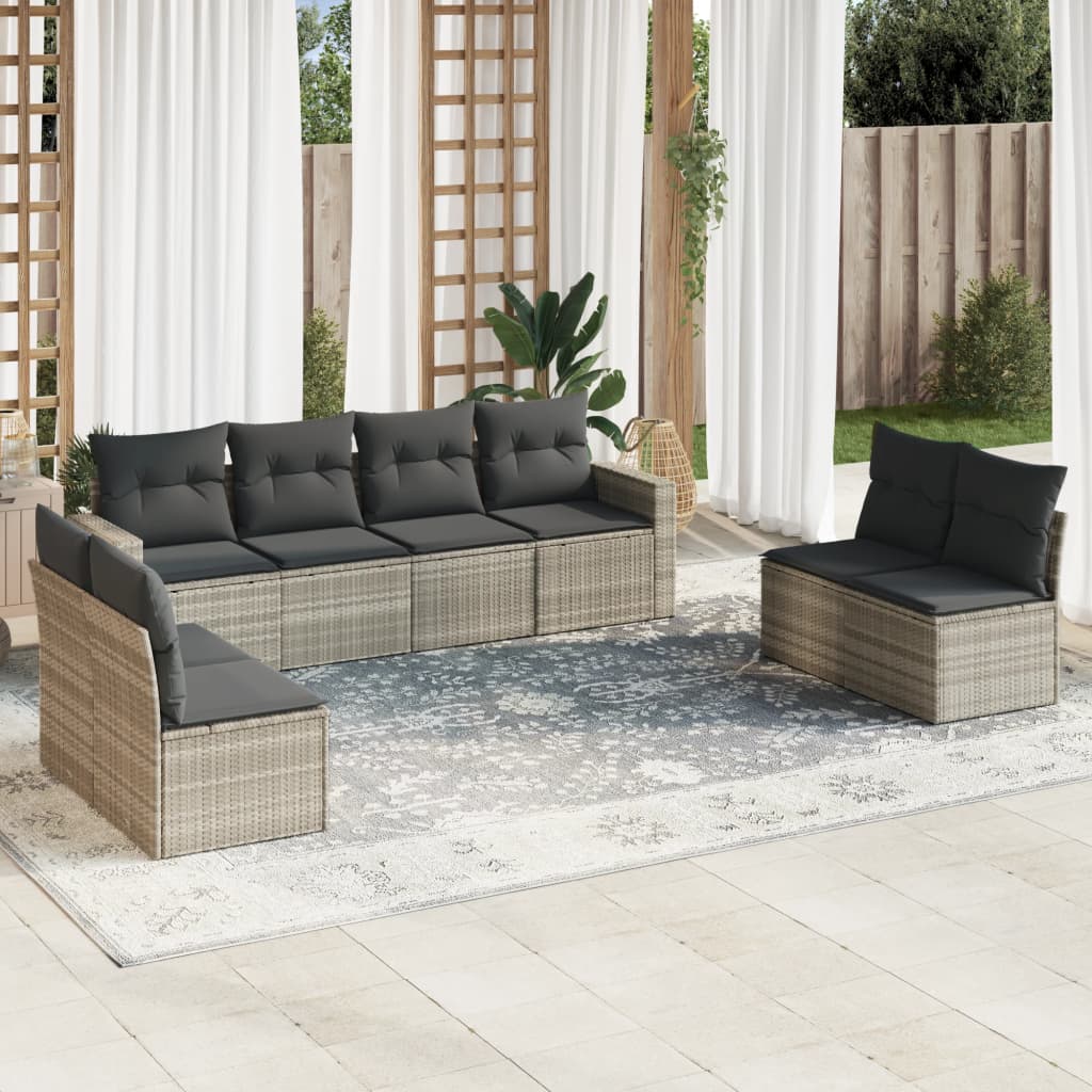 vidaXL 9-tlg. Garten-Sofagarnitur mit Kissen Hellgrau Poly Rattan