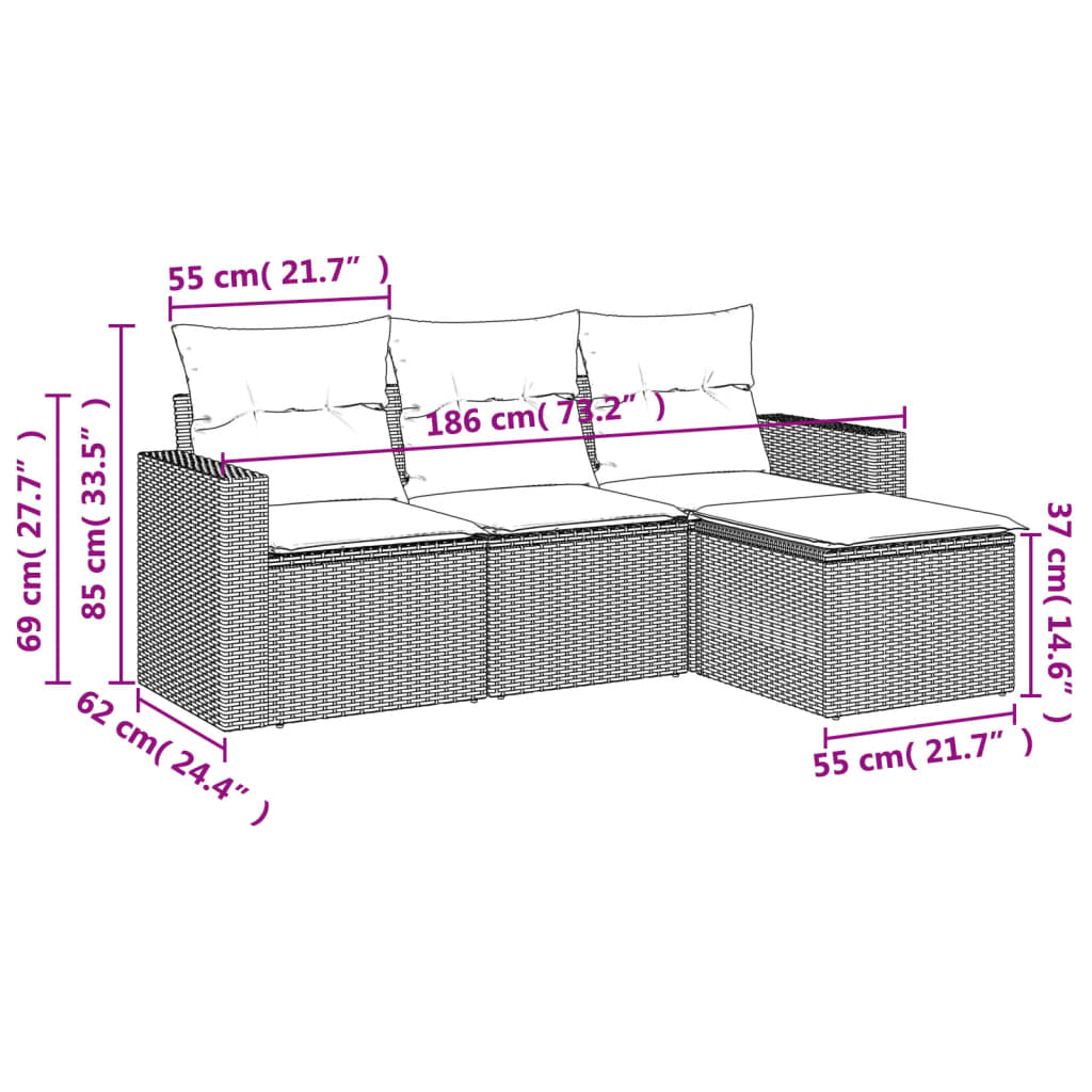 vidaXL 4-delige Loungeset met kussens poly rattan grijs afbeelding