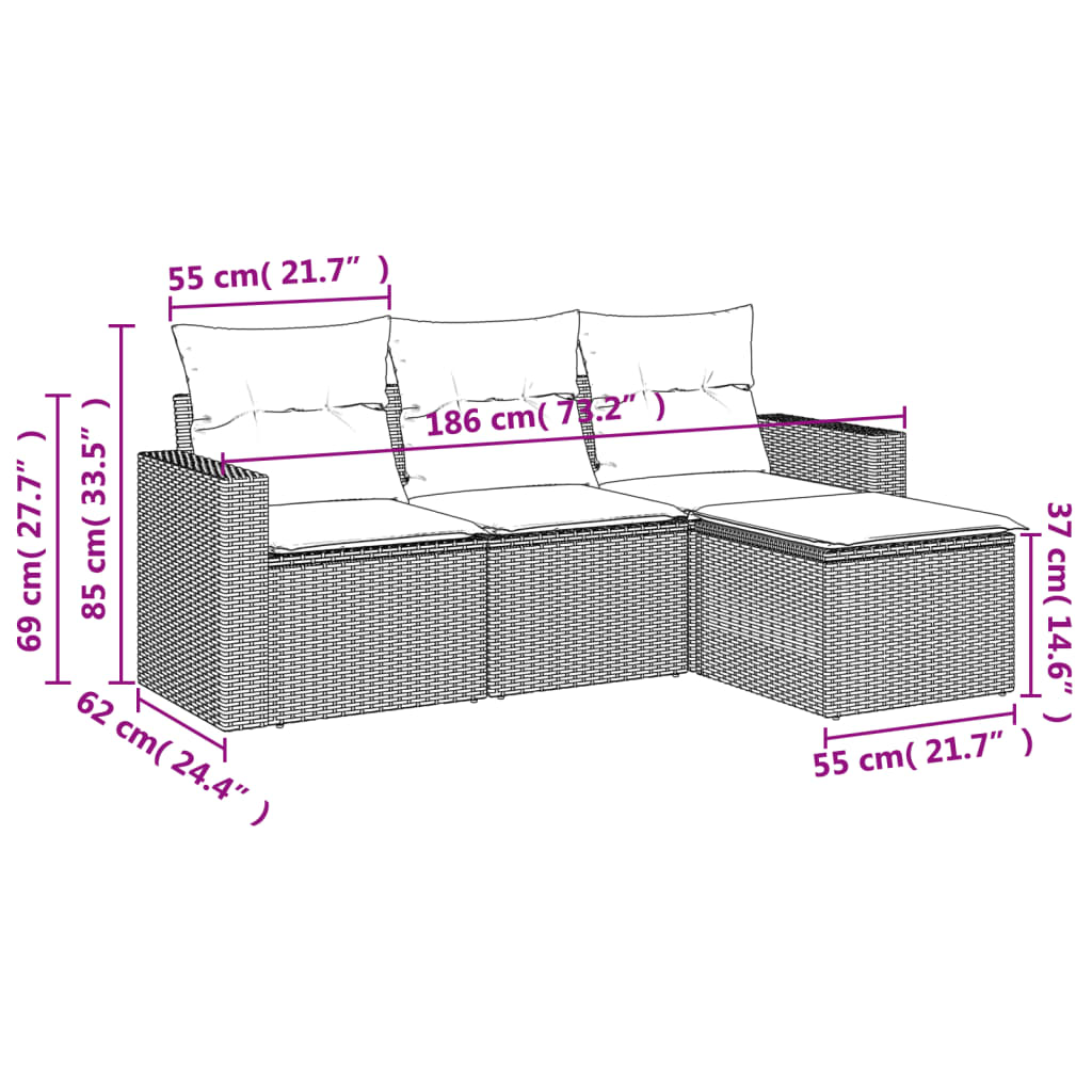 vidaXL 4-delige Loungeset met kussens poly rattan lichtgrijs afbeelding