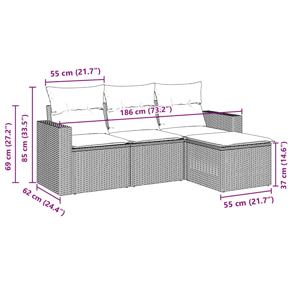 vidaXL 4-delige Loungeset met kussens poly rattan bruin afbeelding