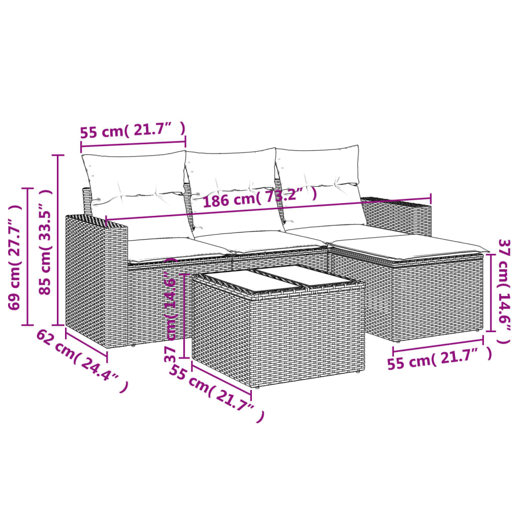 vidaXL 5-delige Loungeset met kussens poly rattan grijs afbeelding