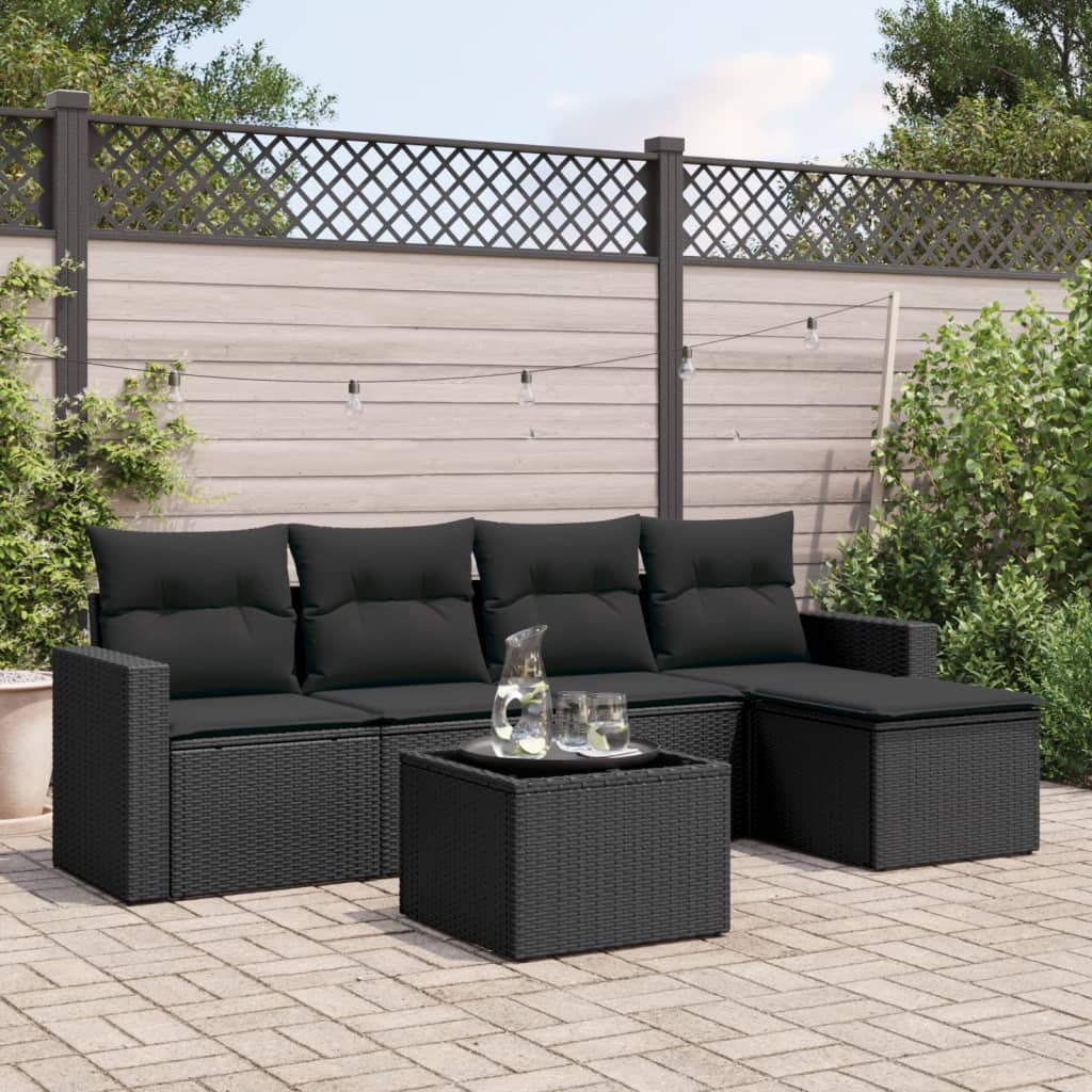 vidaXL 6-tlg. Garten-Sofagarnitur mit Kissen Schwarz Poly Rattan