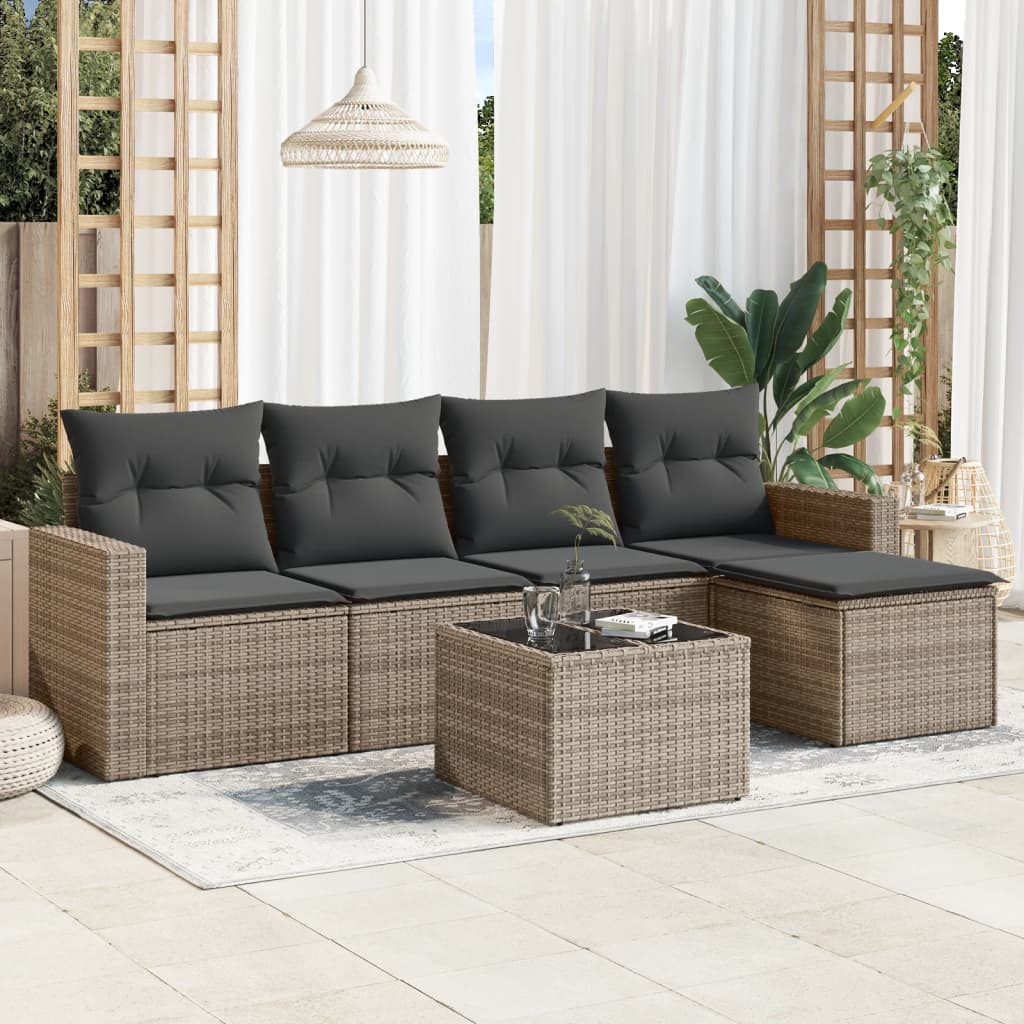 vidaXL 6-tlg. Garten-Sofagarnitur mit Kissen Grau Poly Rattan