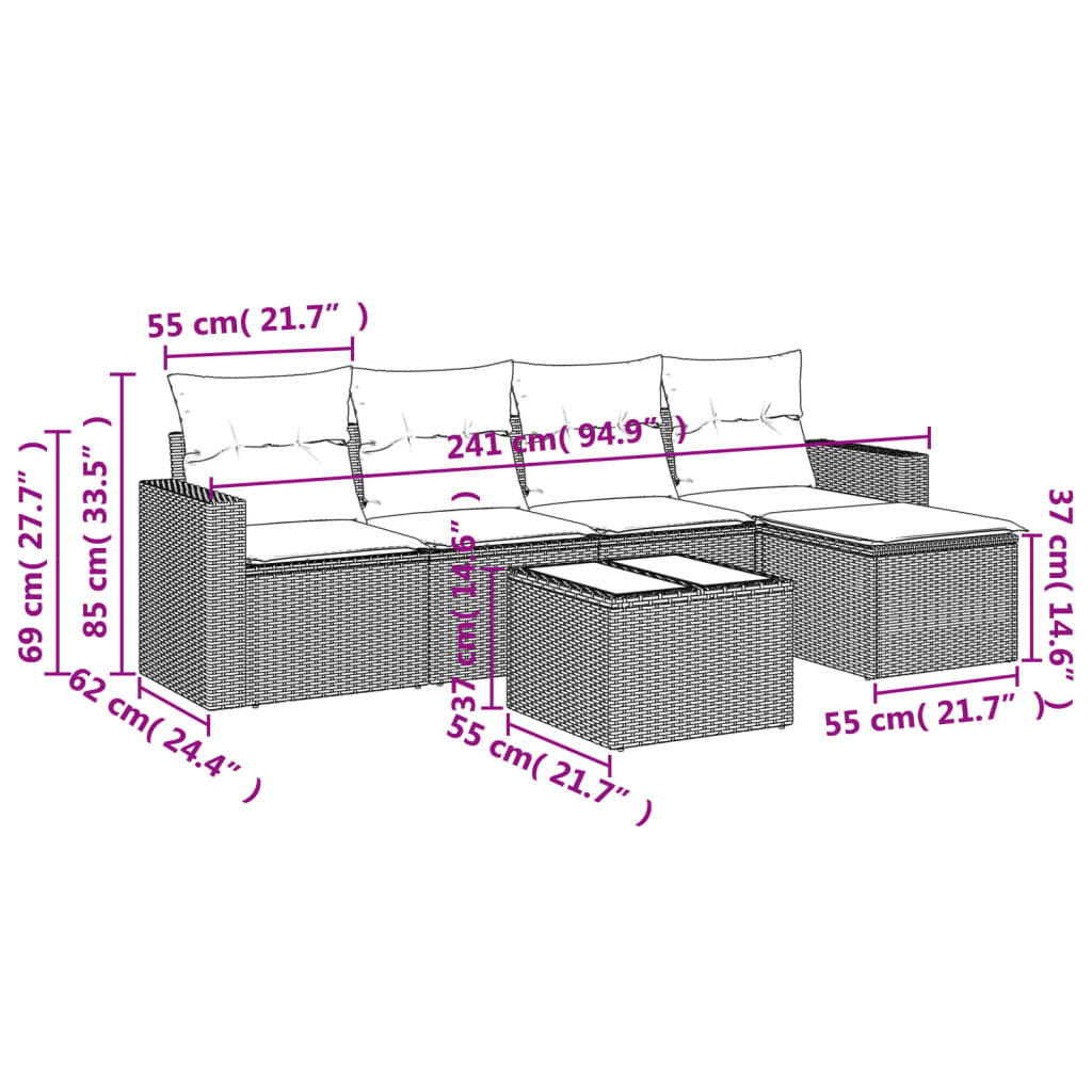 vidaXL 6-delige Loungeset met kussens poly rattan bruin