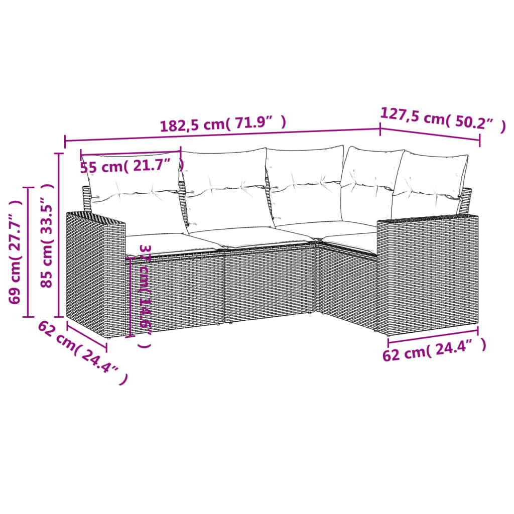 vidaXL 4-delige Loungeset met kussens poly rattan grijs afbeelding