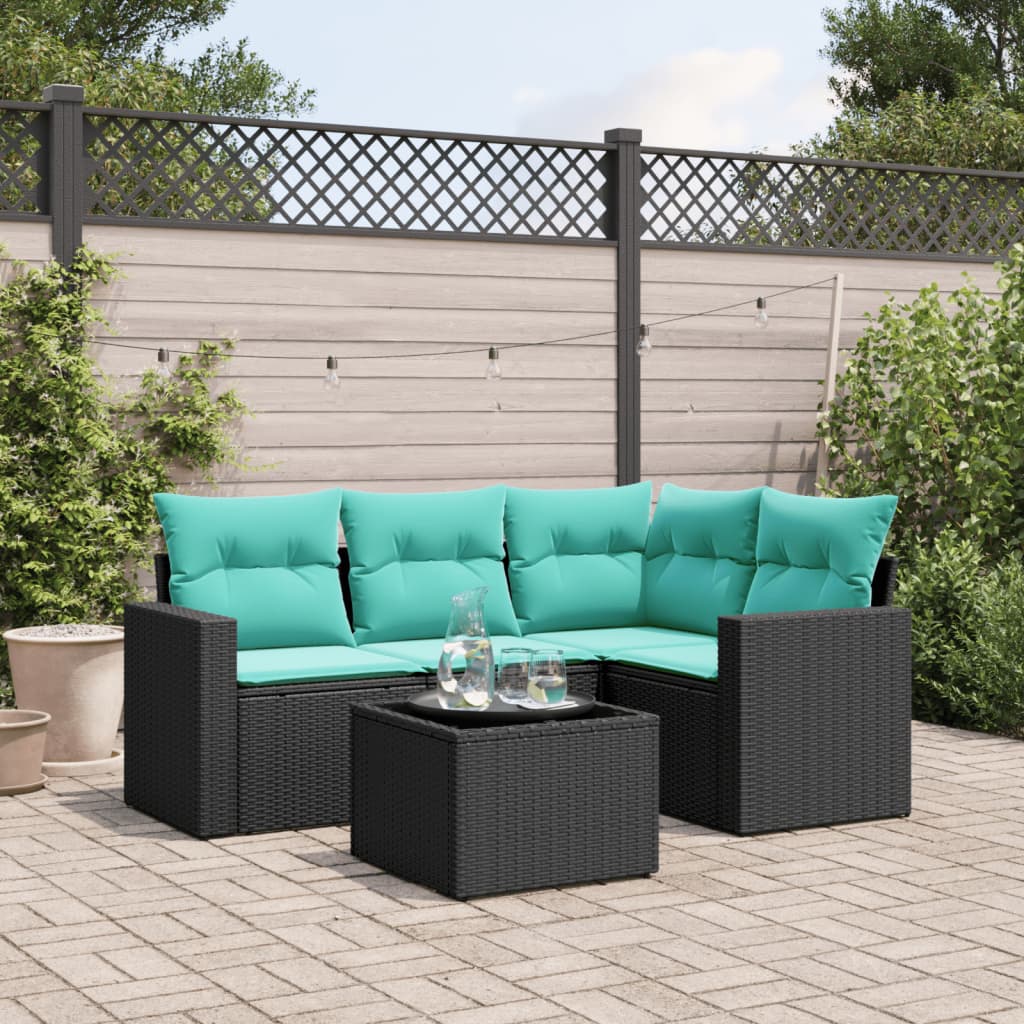 Set de sofás de jardín 5 pzas con cojines ratán sintético negro