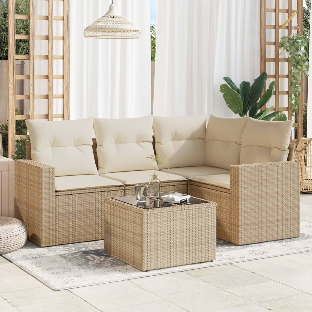 vidaXL 5-tlg. Garten-Sofagarnitur mit Kissen Beige Poly Rattan