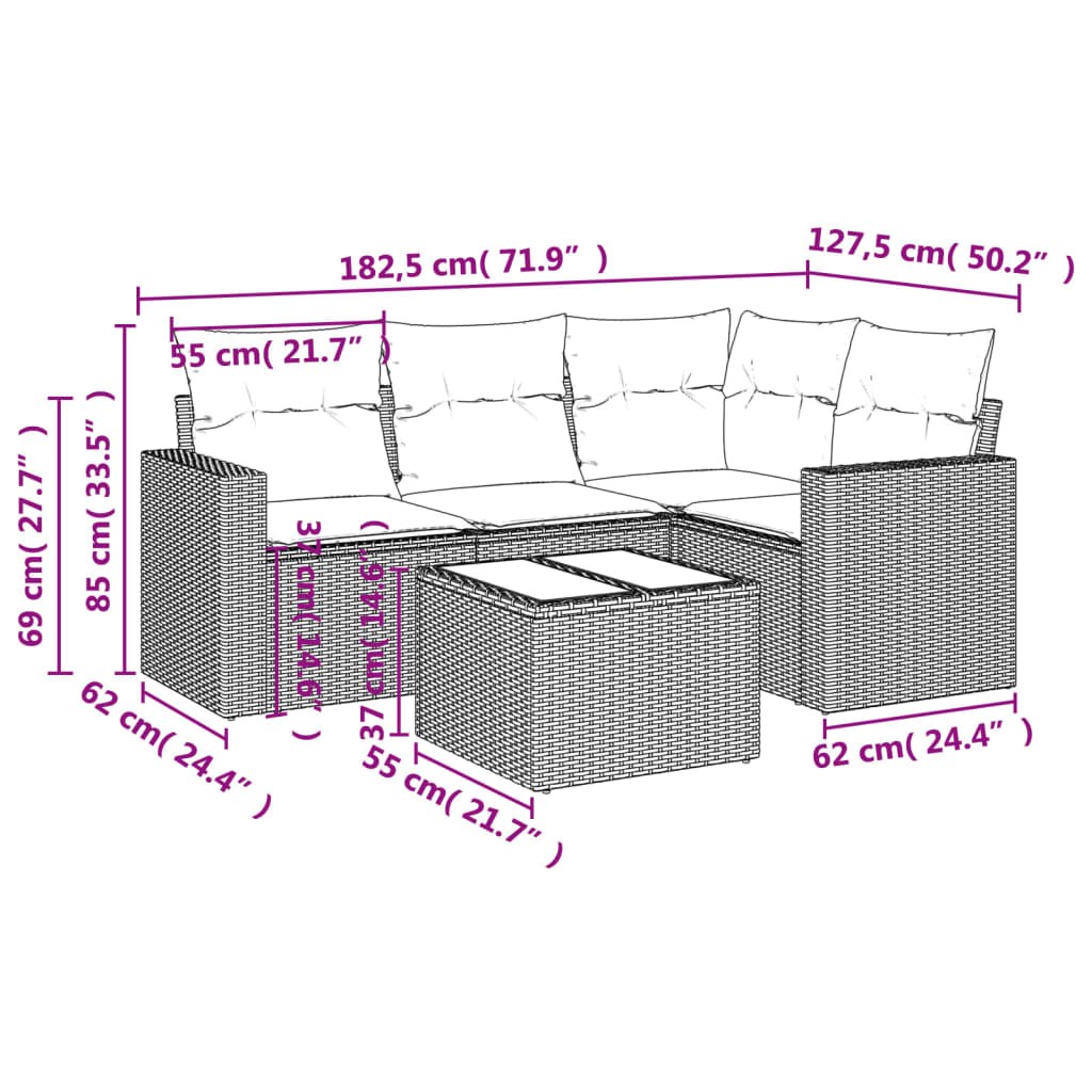vidaXL 5-delige Loungeset met kussens poly rattan beige afbeelding