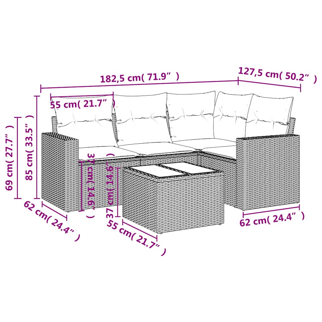 vidaXL 5-delige Loungeset met kussens poly rattan lichtgrijs afbeelding
