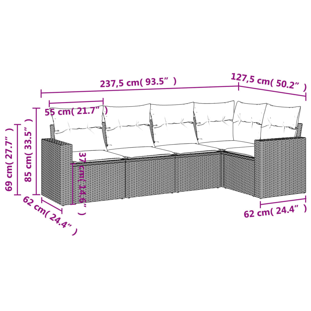 vidaXL 5-delige Loungeset met kussens poly rattan beige afbeelding