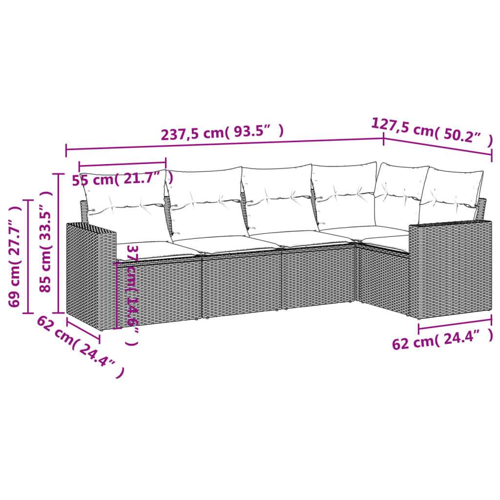 Set canapea de grădină cu perne, 5 piese, gri, poliratan 3218920 - imagine 3