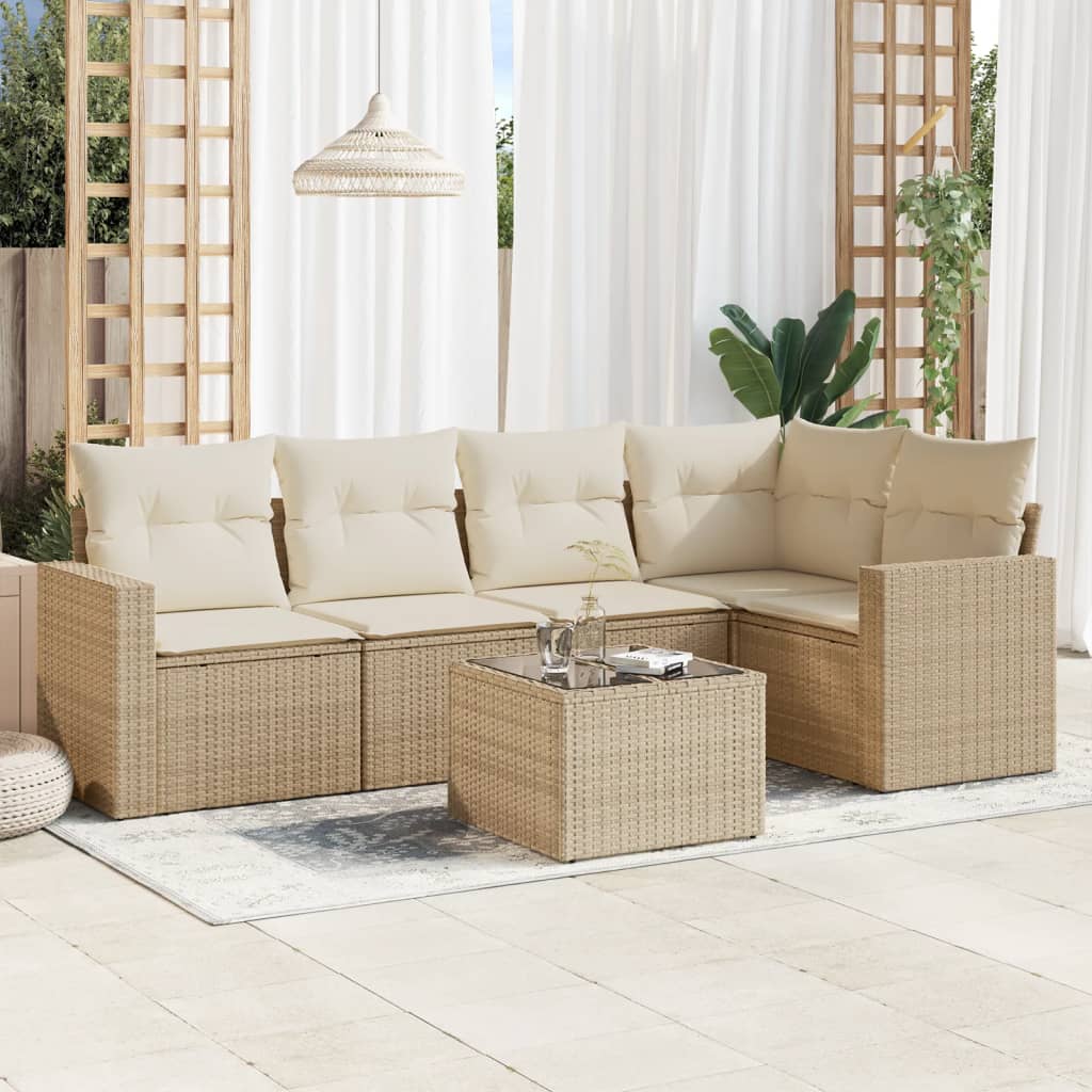 vidaXL 6-tlg. Garten-Sofagarnitur mit Kissen Beige Poly Rattan