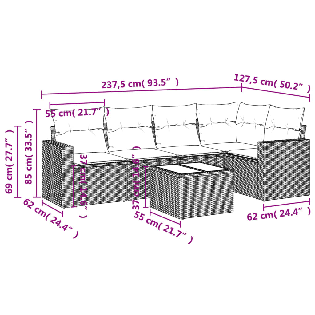 vidaXL 6-delige Loungeset met kussens poly rattan grijs