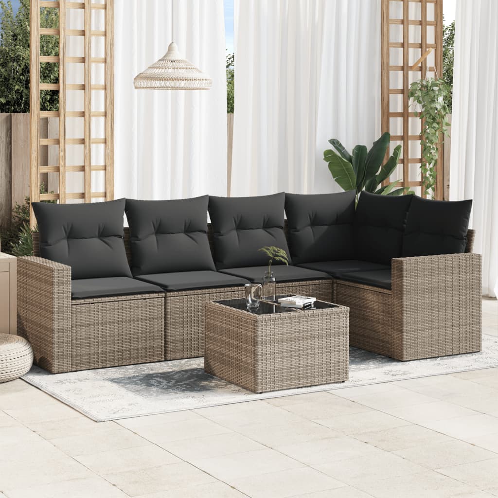 vidaXL 6-tlg. Garten-Sofagarnitur mit Kissen Grau Poly Rattan