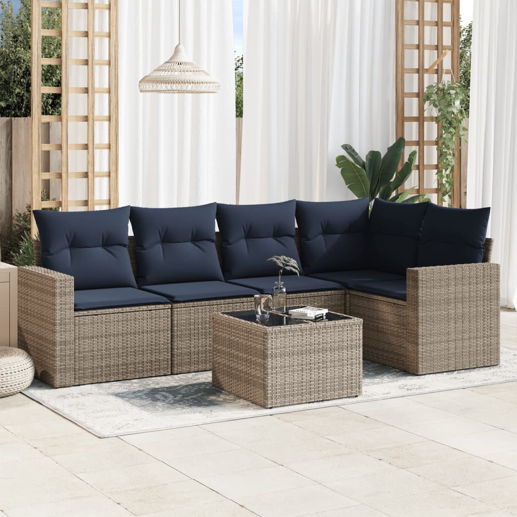 6 Piece Patio Sofa Set with Cushions Gray Poly Rattan