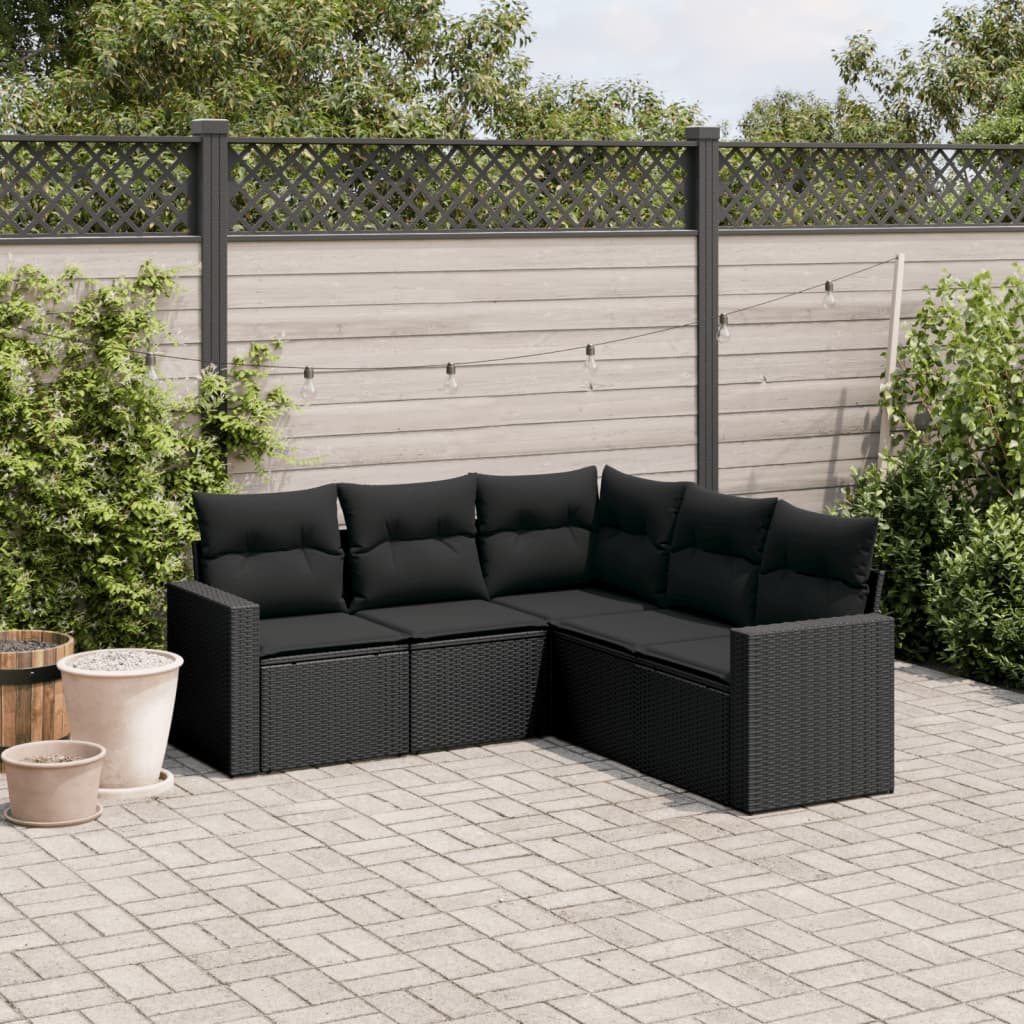 vidaXL 5-tlg. Garten-Sofagarnitur mit Kissen Schwarz Poly Rattan