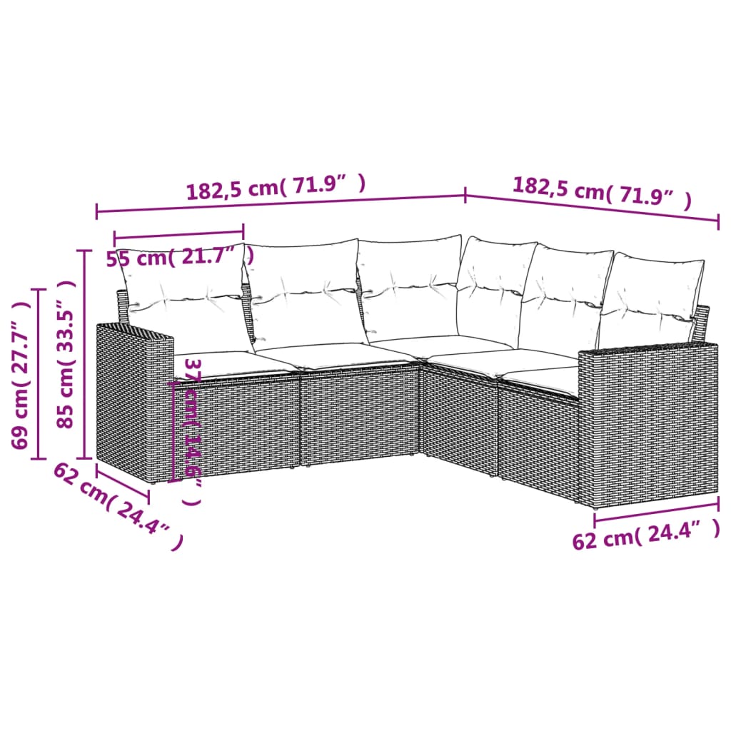 vidaXL 5-delige Loungeset met kussens poly rattan beige afbeelding