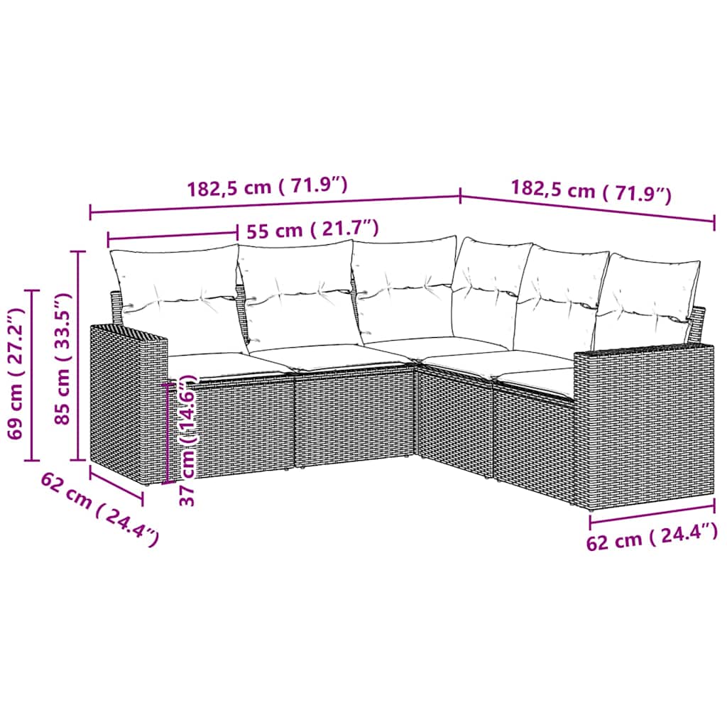 vidaXL 5-delige Loungeset met kussens poly rattan lichtgrijs afbeelding