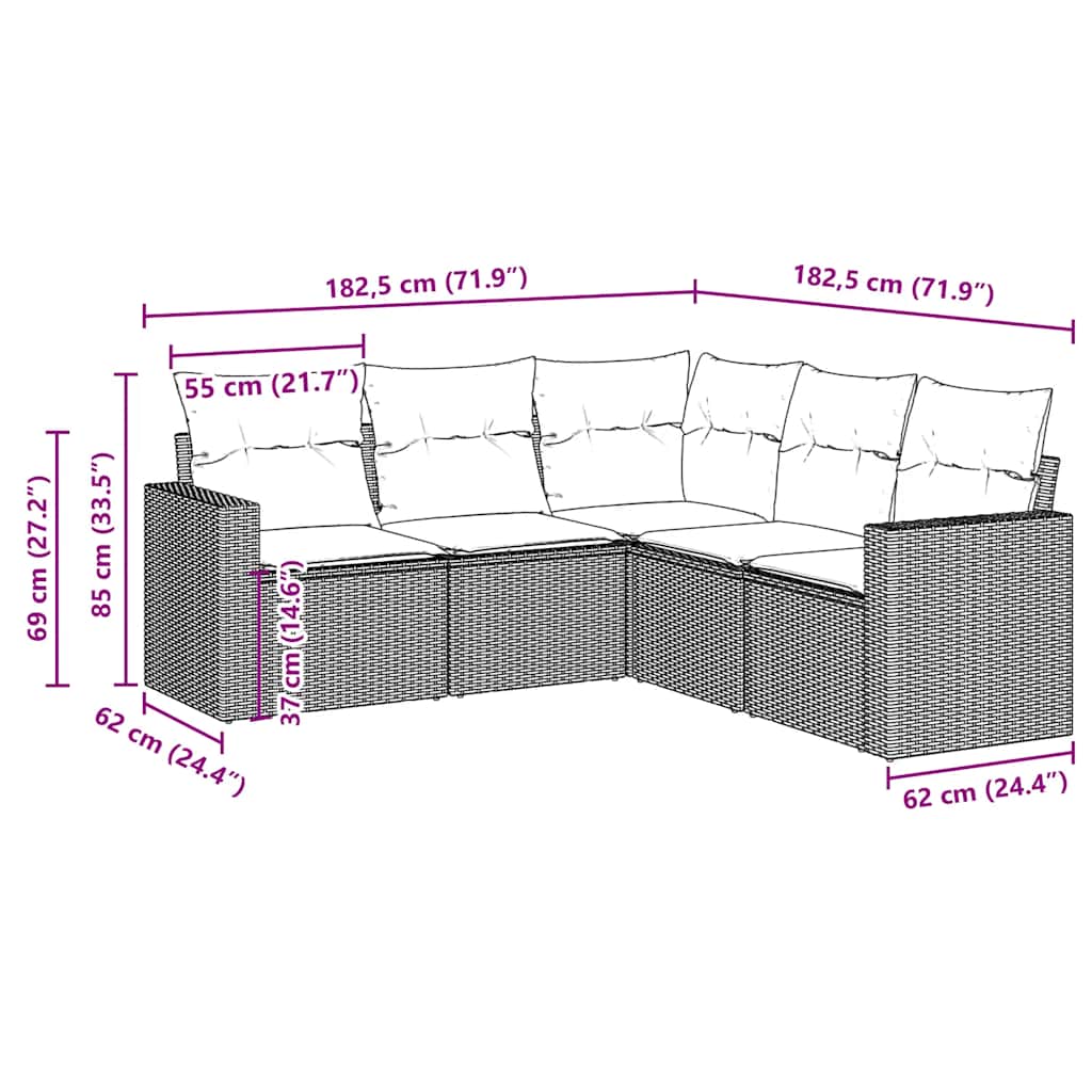vidaXL 5-delige Loungeset met kussens poly rattan bruin afbeelding