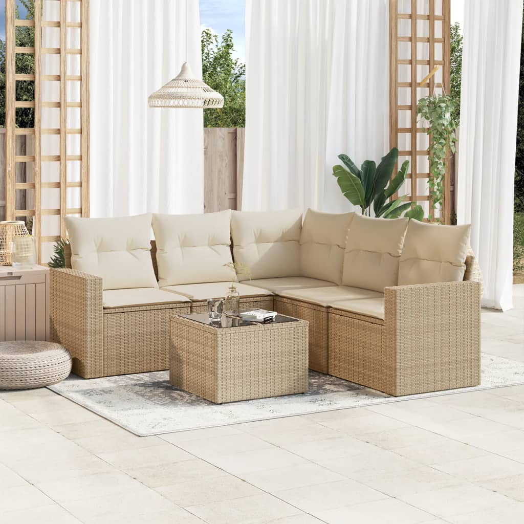 6-tlg. Garten-Sofagarnitur mit Kissen Beige Poly Rattan