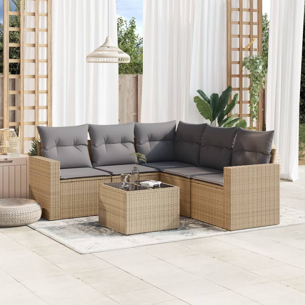 vidaXL 6-tlg. Garten-Sofagarnitur mit Kissen Beige Poly Rattan