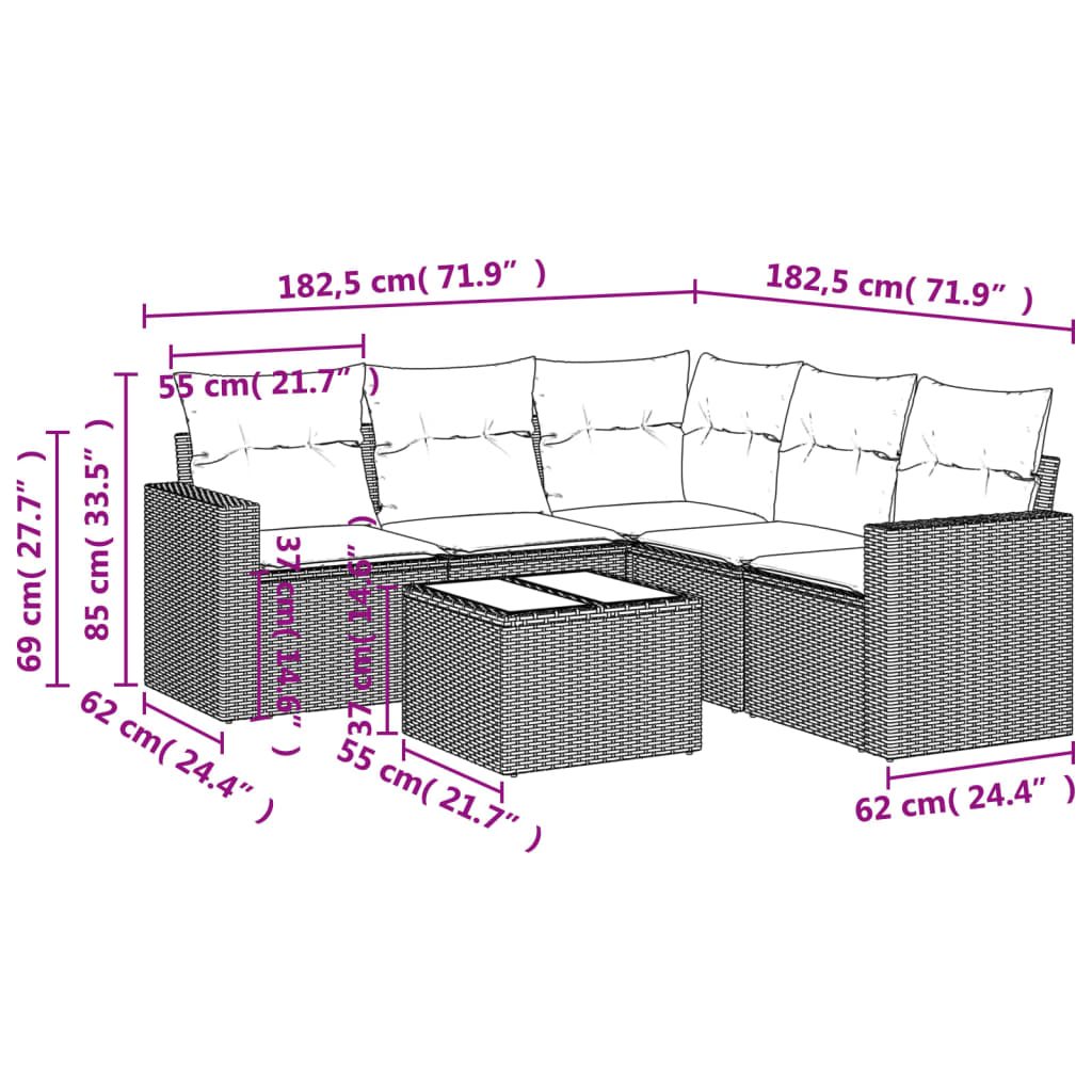 vidaXL 6-delige Loungeset met kussens poly rattan bruin