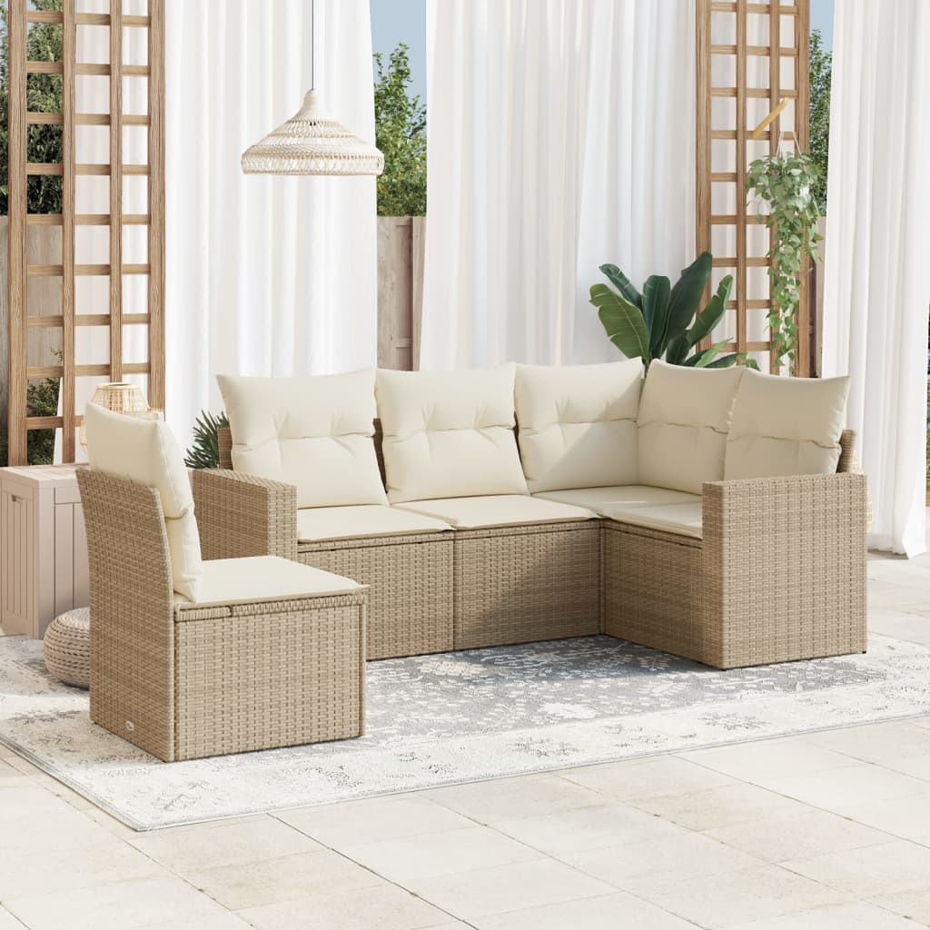 vidaXL 5-tlg. Garten-Sofagarnitur mit Kissen Beige Poly Rattan