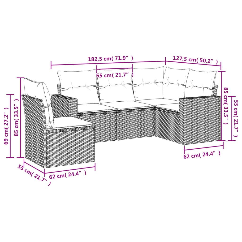 vidaXL 5-delige Loungeset met kussens poly rattan grijs afbeelding