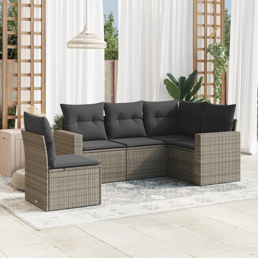 vidaXL 5-tlg. Garten-Sofagarnitur mit Kissen Grau Poly Rattan