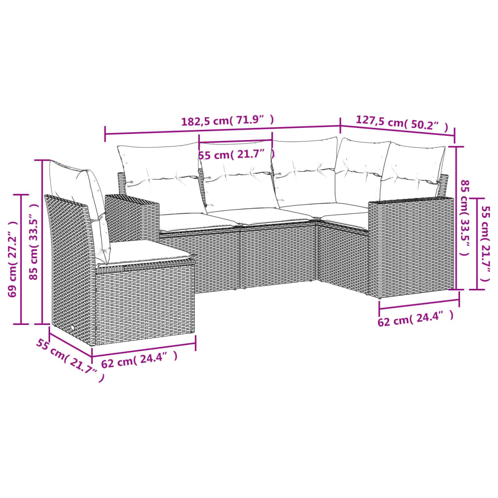 vidaXL 5-delige Loungeset met kussens poly rattan bruin afbeelding