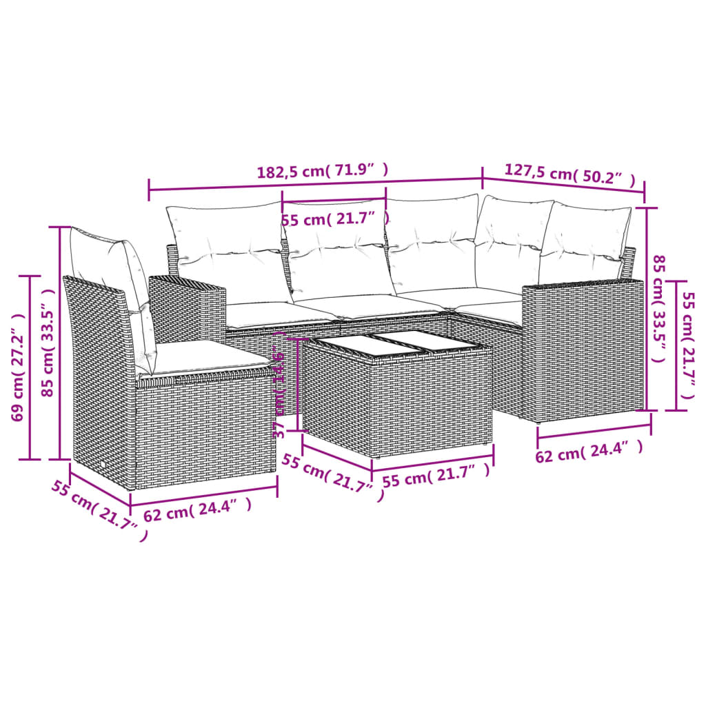 vidaXL 6-delige Loungeset met kussens poly rattan beige afbeelding