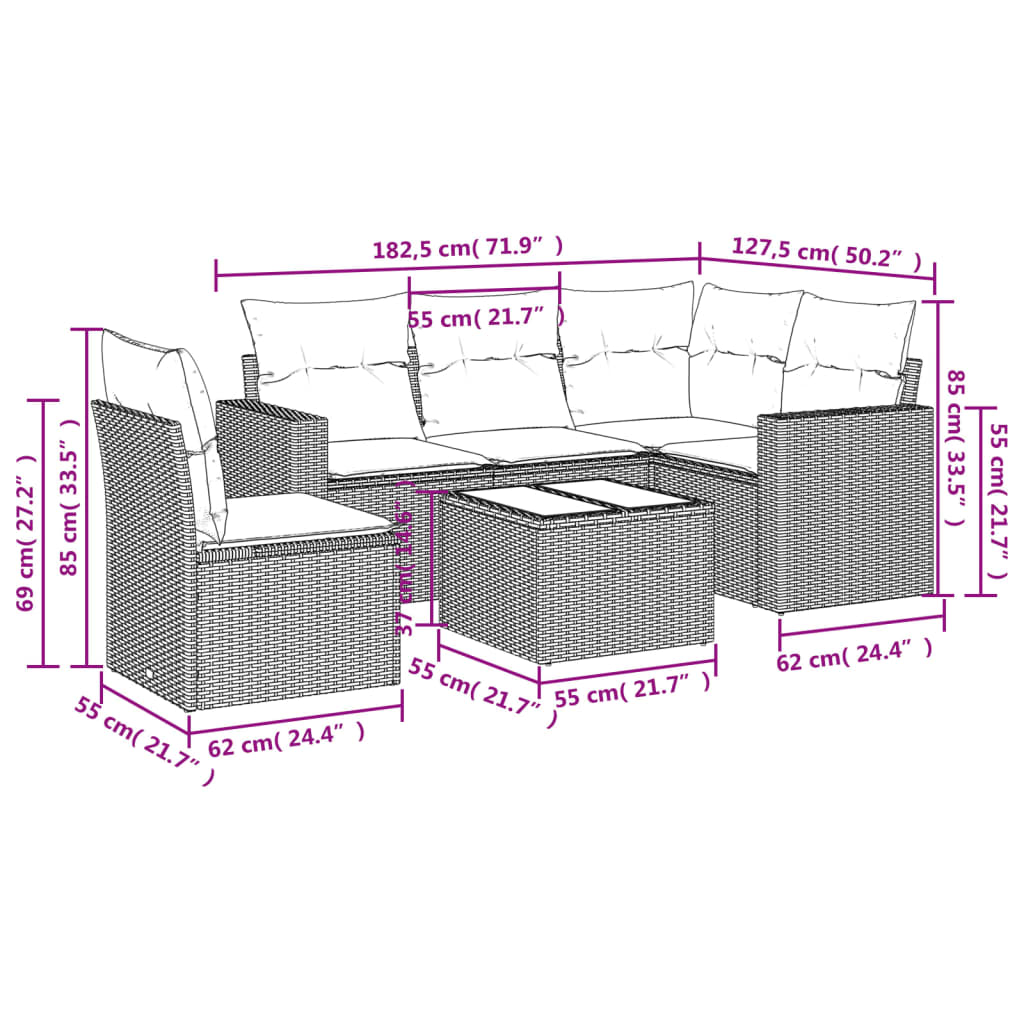 vidaXL 6-delige Loungeset met kussens poly rattan grijs