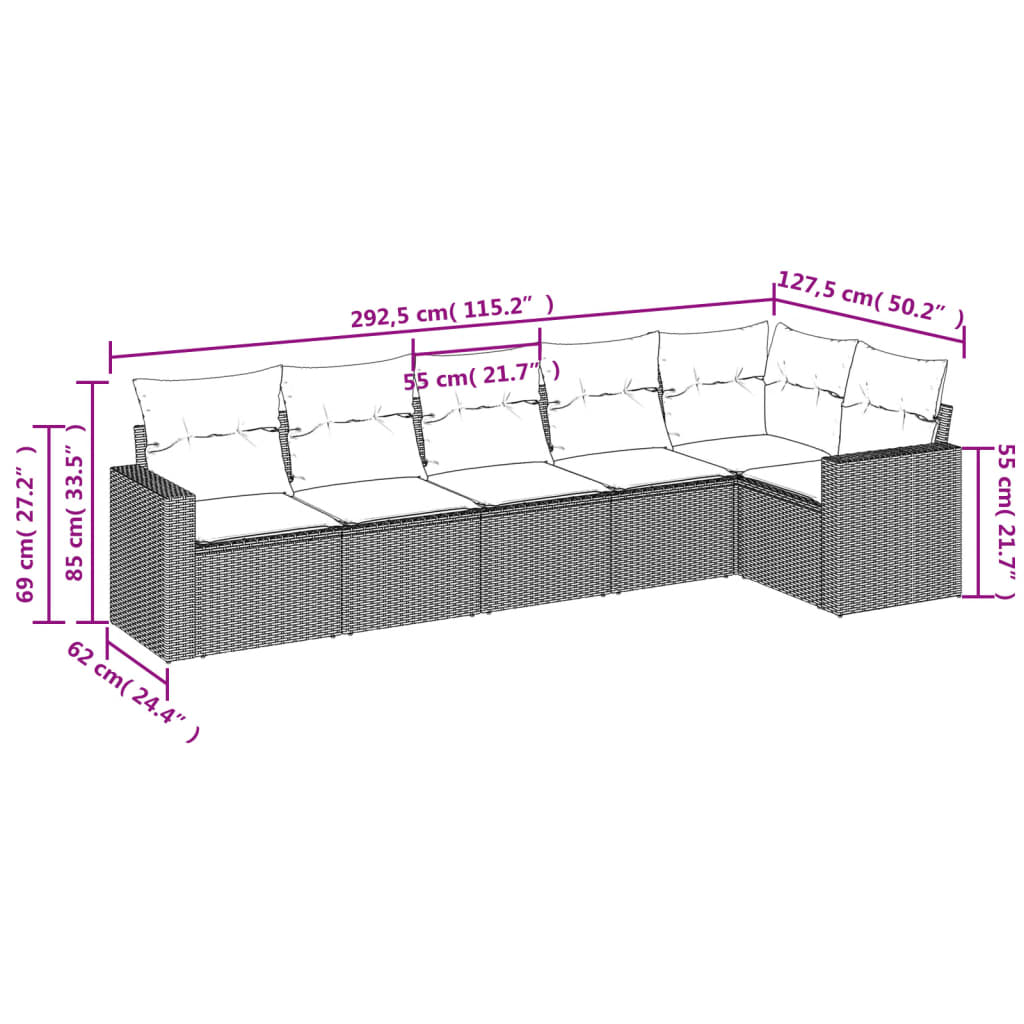 vidaXL 6-delige Loungeset met kussens poly rattan beige