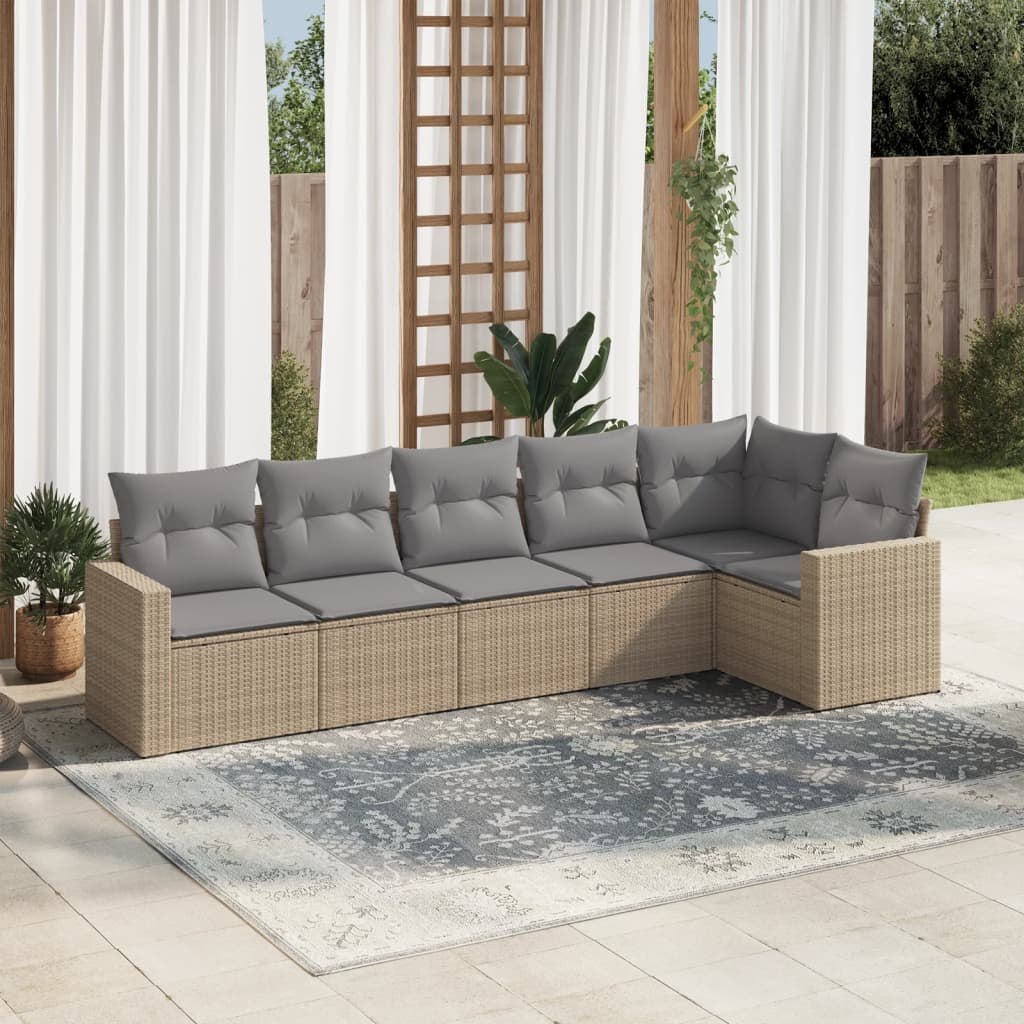 vidaXL 6-tlg. Garten-Sofagarnitur mit Kissen Beige Poly Rattan