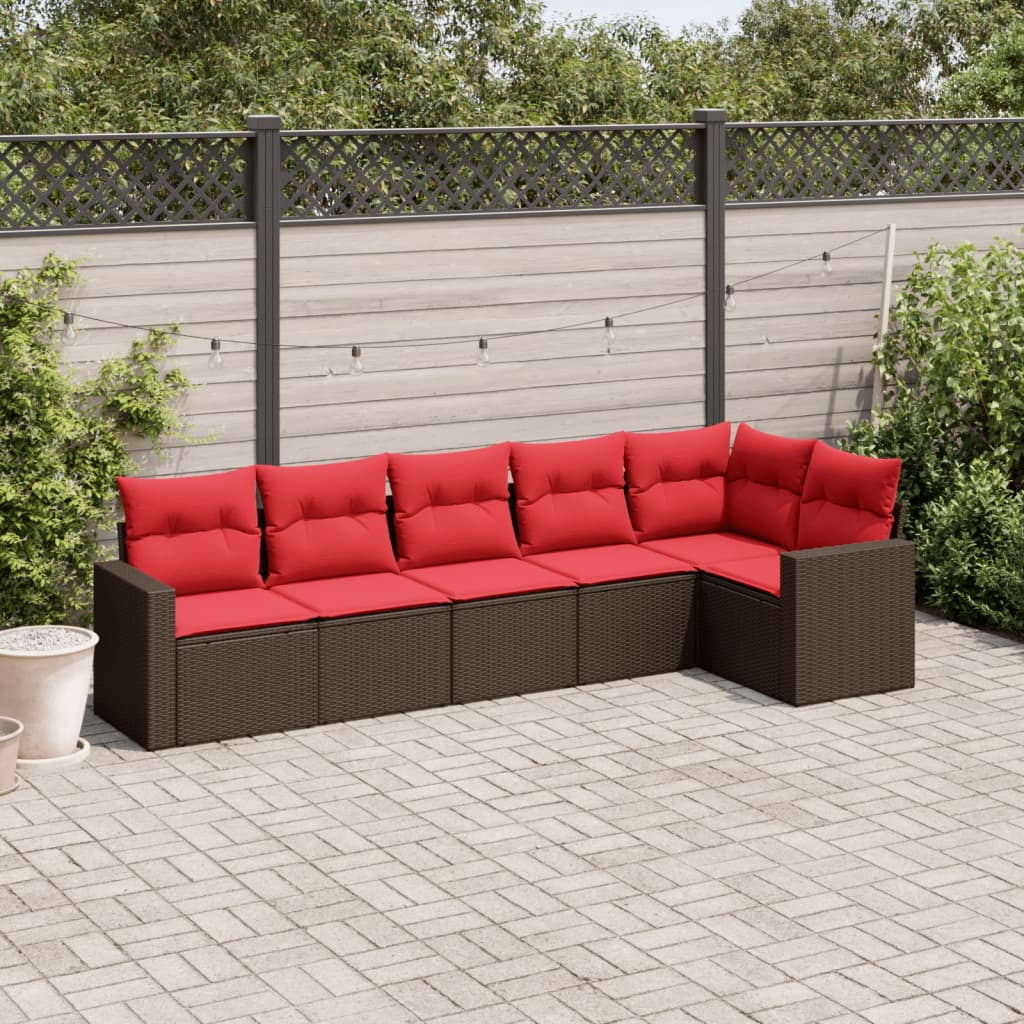 6 Piece Patio Sofa Set with Cushions Brown Poly Rattan