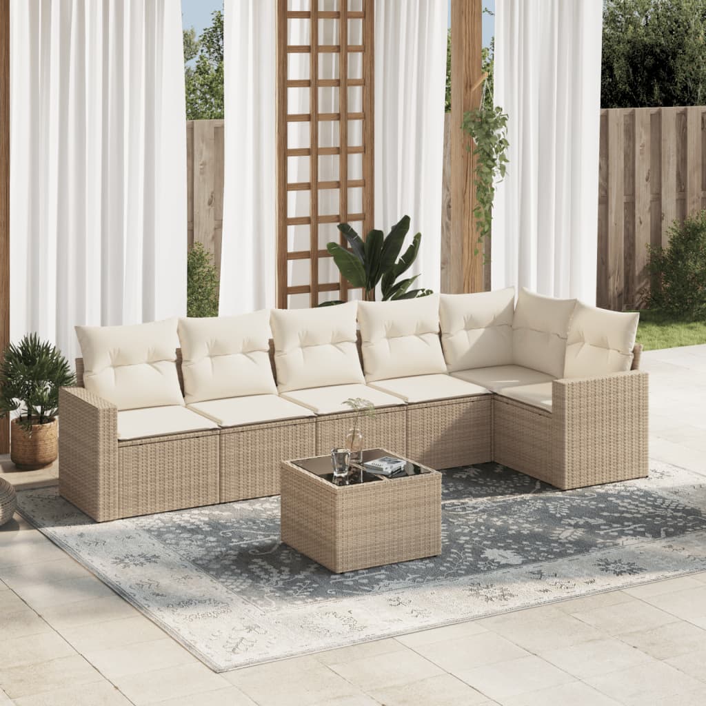 vidaXL 7-tlg. Garten-Sofagarnitur mit Kissen Beige Poly Rattan