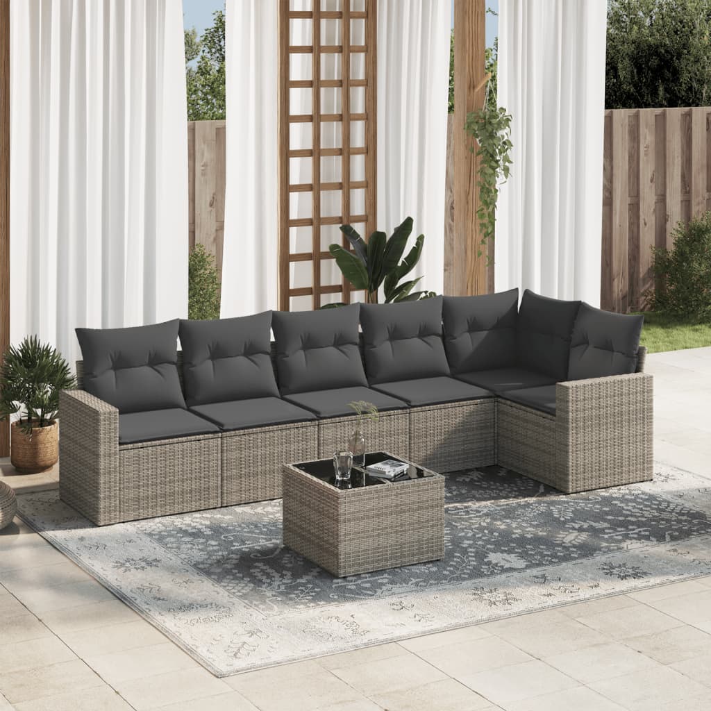 vidaXL 7-tlg. Garten-Sofagarnitur mit Kissen Grau Poly Rattan