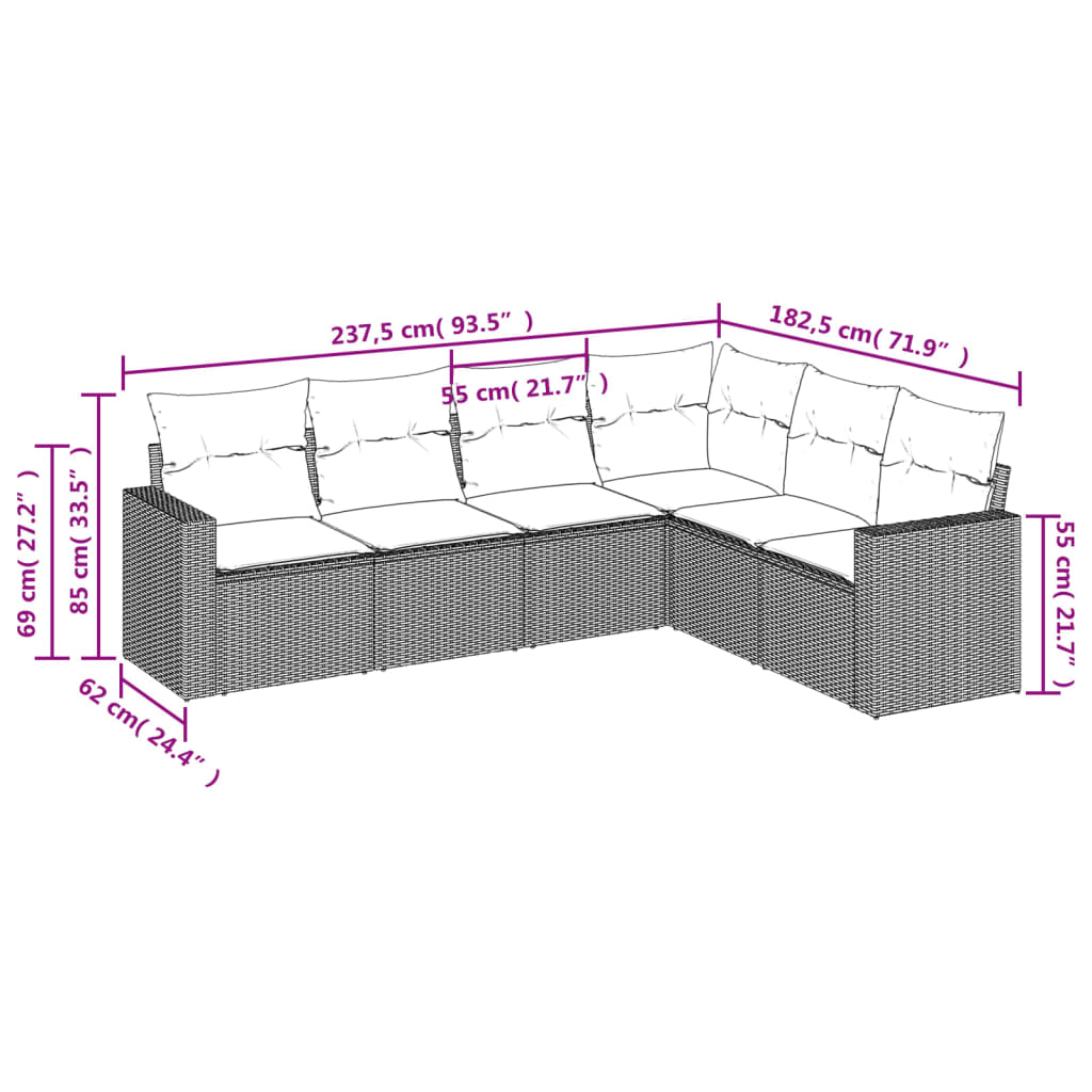 vidaXL 6-delige Loungeset met kussens poly rattan beige